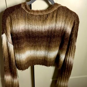 Women’s brown and cream, soft, fluffy, stripped, cropped sweater.